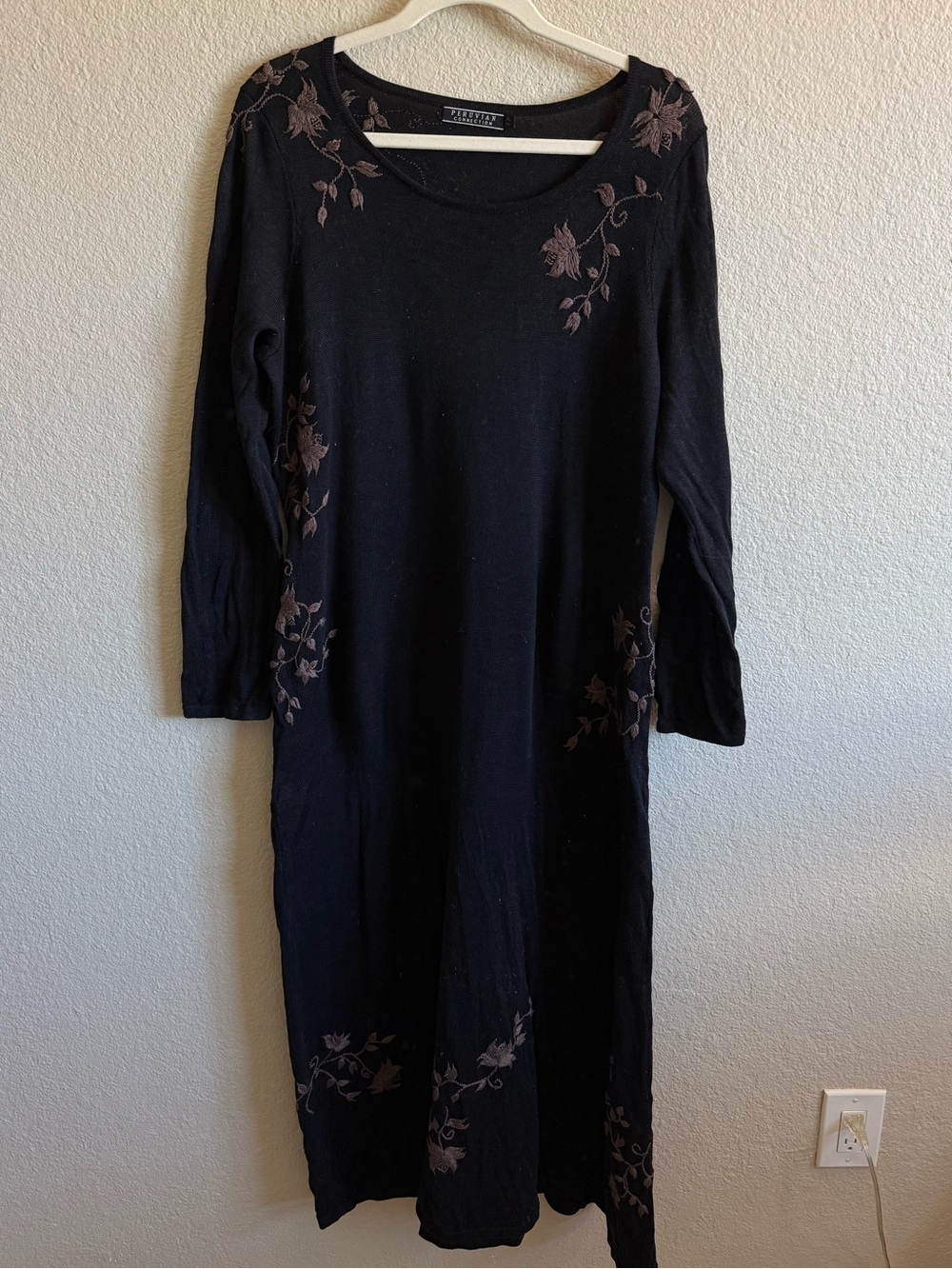 Peruvian Connection Dusky Sky Black Embroidered Pima Cotton Maxi Dress Size XL